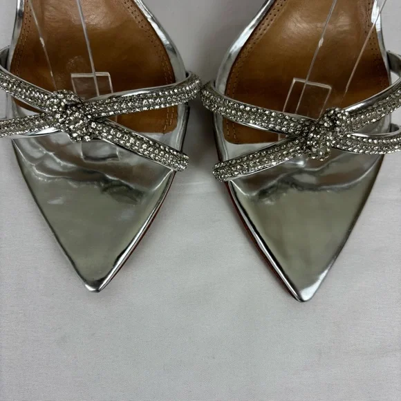 BCBGMaxazria Leather Heels Rhinestone Strappy Stiletto Elegant Pumps Silver Sz 9 - Picture 6 of 16